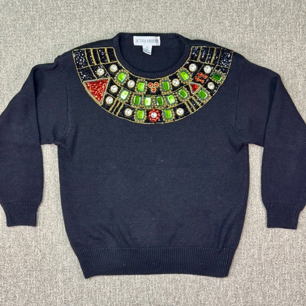 Victoria Harbour Beaded Statement Sweater Black Medium Jewel Collar‎ Knit